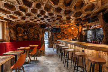 Naklejka premium Rustic wooden bar with honeycomb-patterned walls and ceiling, orange seating.