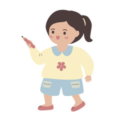 Colorful vector illustration of girl holding a pencil, kids, young students, kindergarten, children, childhood 