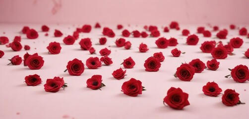Soft pink background with scattered red roses , floral background, romantic, pink