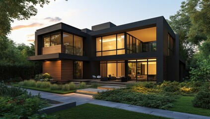 Fototapeta premium Modern Luxury Home at Dusk: Architectural Design, Landscaping, and Evening Ambiance