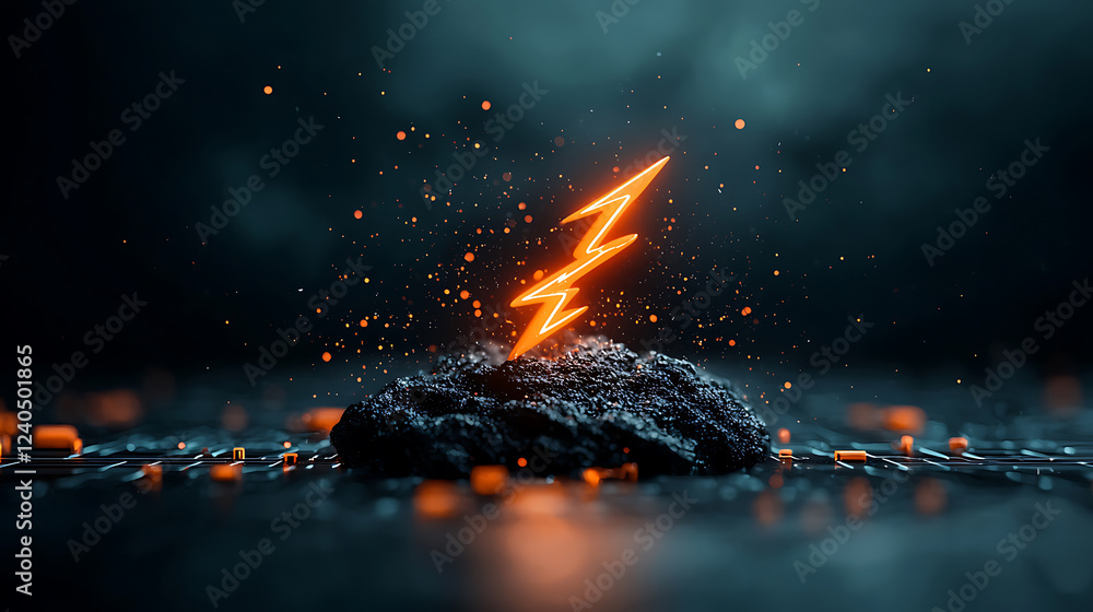 Poster digital lightning pulses through high-tech data rock abstract technology concept dark environment ey