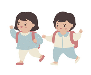 Colorful vector illustration of kids with backpacks, young students, kindergarten, children 
