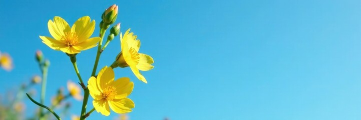 Fototapeta premium Soft yellow petals on a tall broom plant against a bright blue sky, nature, wildflowers