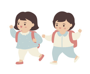 Colorful vector illustration of kids with backpacks, young students, kindergarten, children, transparent PNG  