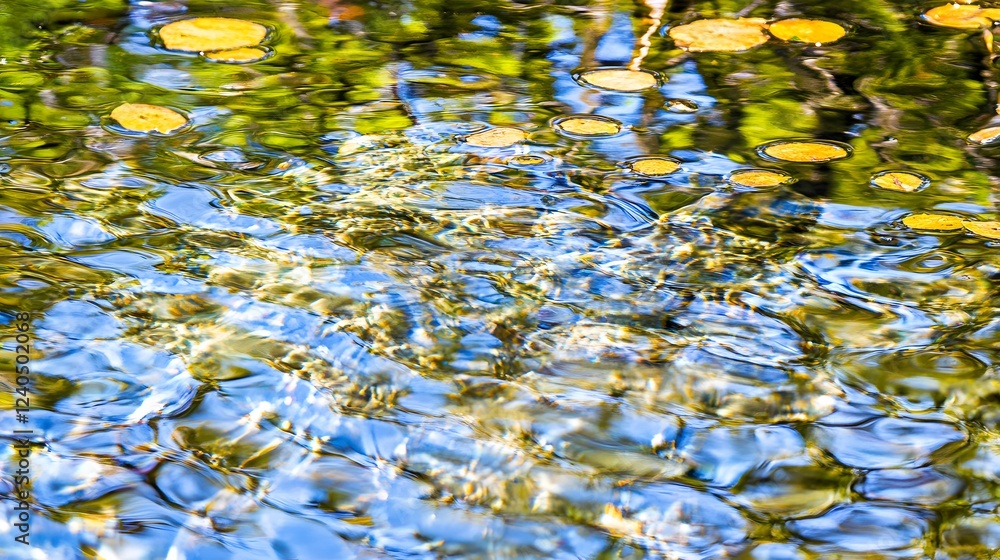 Wall mural Abstract Water Surface Reflections with Yellow Leaves