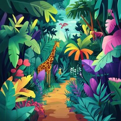 Fototapeta premium Giraffes Stroll Through Lush Vibrant Tropical Jungle Path