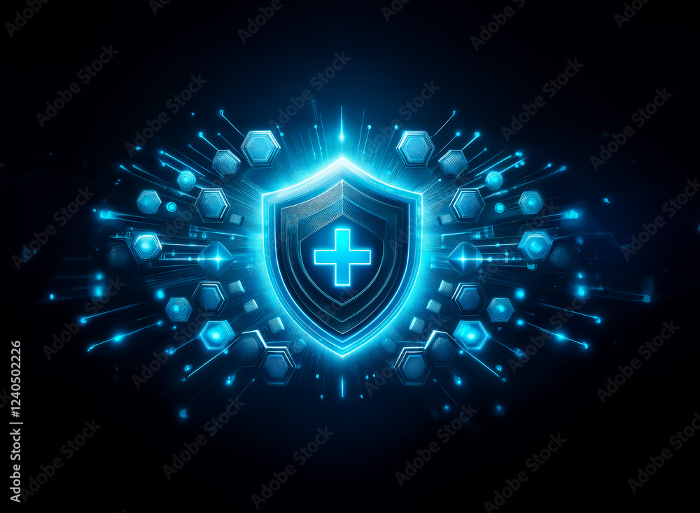 Aufkleber A glowing blue shield with a plus sign at its center, surrounded by a burst of digital energy and hexagonal shapes, symbolizes digital health protection.