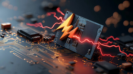 Dynamic electric bolts surge through digital circuitry tech laboratory visual art futuristic environment close-up view energy and innovation concept