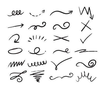 Crayon ink texture line. Squiggle brush underline. Pen emphasis highlight swoosh stroke. Vector set for accent, charcoal marker emphasis element