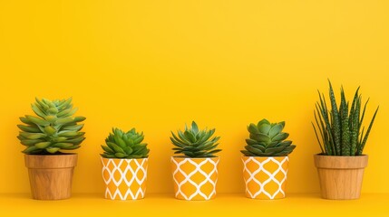Obraz premium Vibrant Succulents in Decorative Pots Against Bright Yellow Background