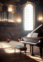 Grand piano on concert hall stage