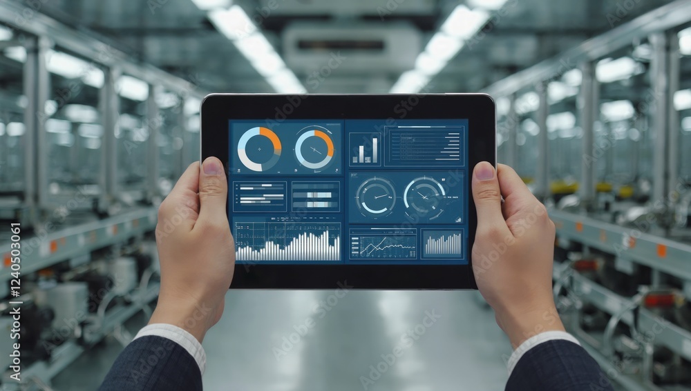 Poster factory worker monitoring production data on tablet