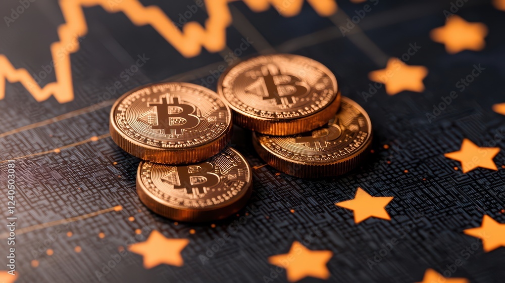 Poster bitcoin coins on financial chart background with graphs and stars