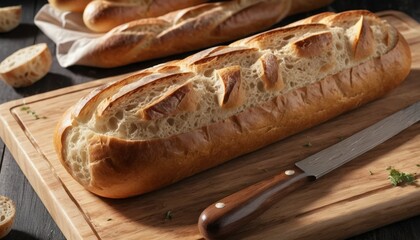 A crusty baguette resting on a wooden cutting board, ready for slicing. Ideal for food photography, cooking blogs, or bakery-themed projects. 