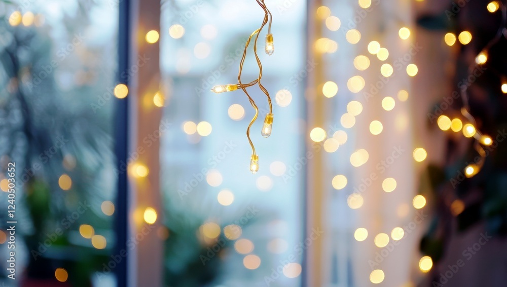 Poster softly glowing string lights hanging against a blurred background of warm yellow bokeh and indoor pl