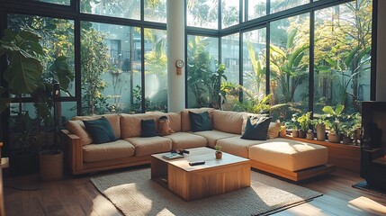 Fototapeta premium Cozy Modern Living Room with Large Windows and Abundant Greenery