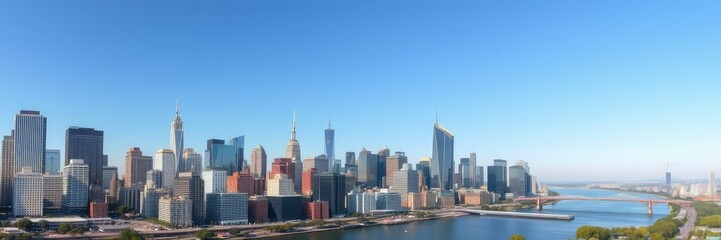 Fototapeta premium Panoramic shot of a city with numerous skyscrapers and a river in the foreground under clear blue skies, panoramic view, tall buildings