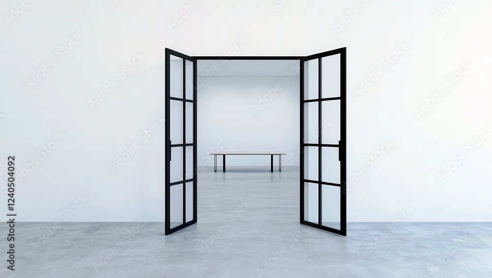 Poster minimalist open doorway leading to an empty room with a table and white walls in a contemporary arch