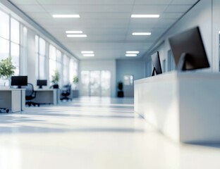 Fototapeta premium Modern office interior with large windows, sleek desks, and computer monitors creating a bright and spacious environment for productivity and collaboration