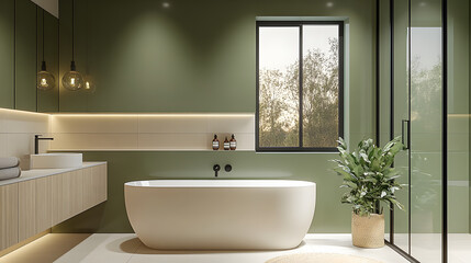 Fototapeta premium This modern bathroom interior features a sleek sink, reflecting contemporary home design