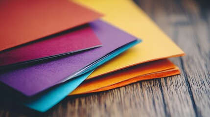 Vibrant Stack of Colorful Papers on Wooden Surface