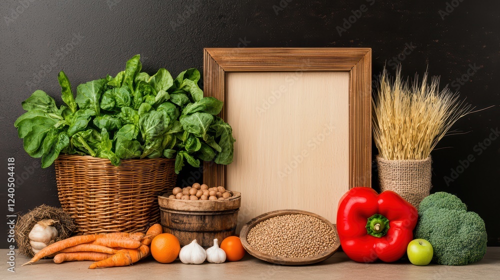 Poster fresh vegetables and ingredients on table with blank frame display