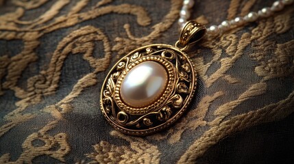 Fototapeta premium An antique pendant with a pearl and gold setting, displayed on an old, textured fabric with soft lighting highlighting its details.