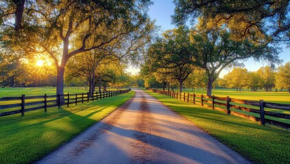 Fototapeta premium Serene Country Road Surrounded by Lush Green Trees and Golden Sunlight in a Tranquil Landscape