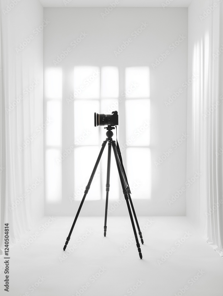 Poster glowing camera lens on a tripod set up in a bright, minimalist space with sheer curtains and ample n