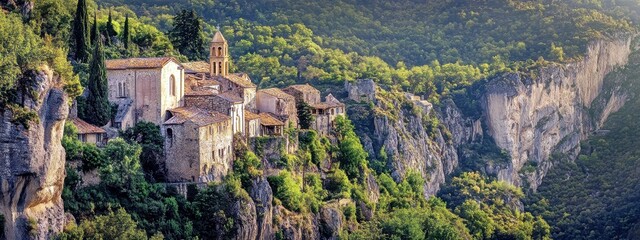Scenic View of Historic Village on Cliffside Surrounded by Lush Greenery in Beautiful Mountain Landscape at Sunrise