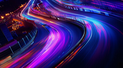 Glowing aerial view reveals vibrant race track illuminated by colorful lights at night