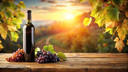 Fototapeta premium Wine bottle on wooden table with grapes and leaves, atmosphere, nature, atmosphere, nature, still life, natural, leaves