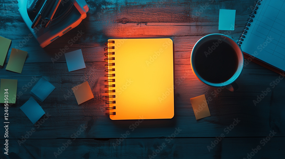 Poster glowing notebook illuminated by warm light with surrounded sticky notes on a wooden desk during even