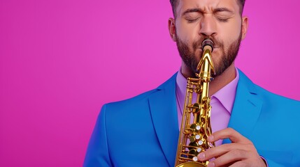 Fototapeta premium Young Man Playing Saxophone Against Vibrant Pink Background