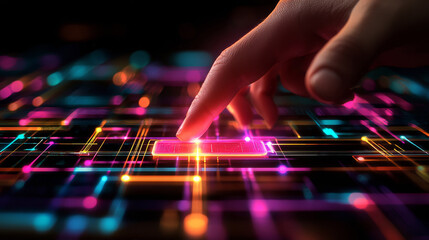 Fingertip touches glowing circuit board; vibrant digital network.