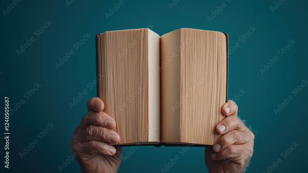 Poster hands holding an open book with blank pages on a turquoise background