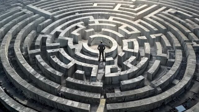 A businessman stands thoughtfully in the center of a complex marble maze. The intricate design of the maze symbolizes difficulties and decision-making in a corporate environment