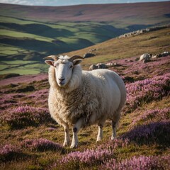 Cheviot Sheep Among Heather Fields. Sheep in the field. 