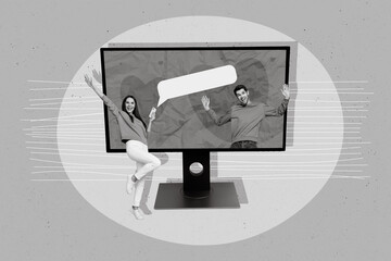 Photo collage design artwork of lovely couple have fun talking online connection advert new modern...