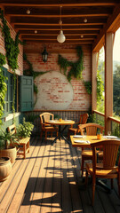 Fototapeta premium Quaint dining area on deck with wooden furniture and brick wall, simplicity, brickwork