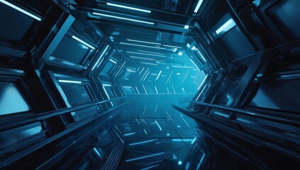 Obraz premium Futuristic blue neon tunnel, reflective floor, sci-fi background. Use Sci-fi film, game background