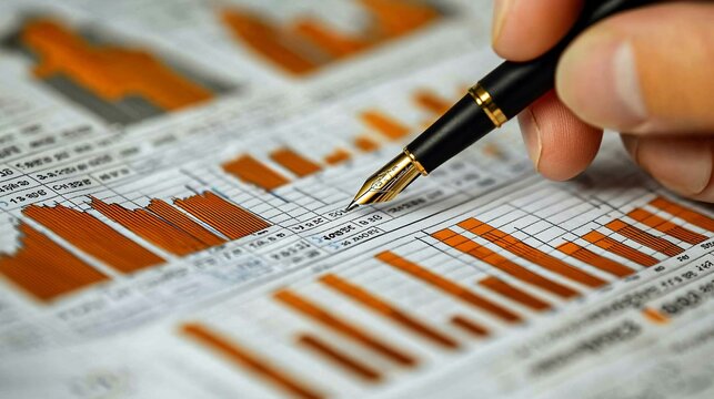 Analyst reviewing financial charts, market trends, office background