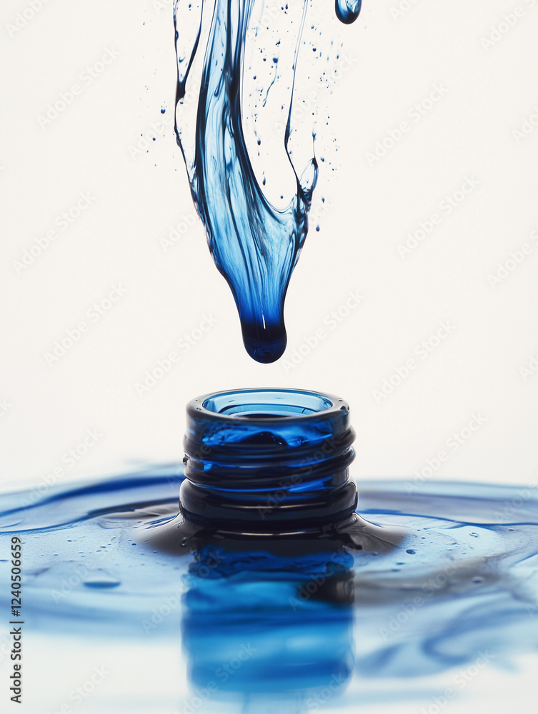 Poster macro shot captures fluid dynamics as blue ink splashes dramatically from a bottle