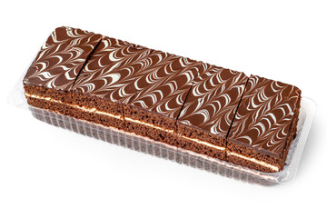 Long chocolate cake on a white background. Brown chocolate cake in plastic packaging.