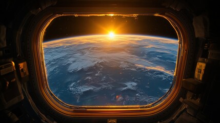 Naklejka premium Earthrise seen from space station window