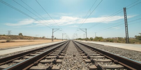 Fototapeta premium Railway tracks stretching into the distance under a clear blue sky with powerlines overhead, perspective, transportation, blue sky