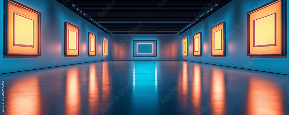 Poster surreal empty art gallery showcasing vivid frames illuminated by soft lighting at dusk