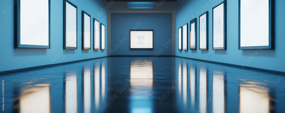 Aufkleber surreal atmosphere of an empty art gallery with reflective floors and unframed artworks on the walls