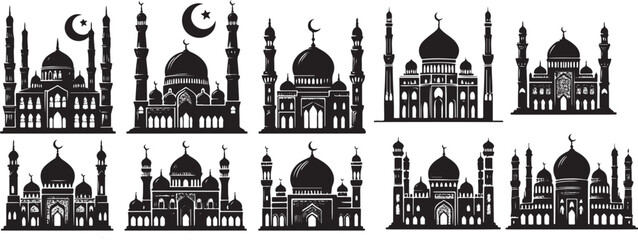 Black Mosque Silhouette Set - Islamic Mosque Vector Illustrations for Posters & Banners