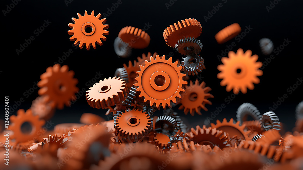 Poster dynamic interaction of gears in motion studio setting 3d render high-contrast environment close-up v